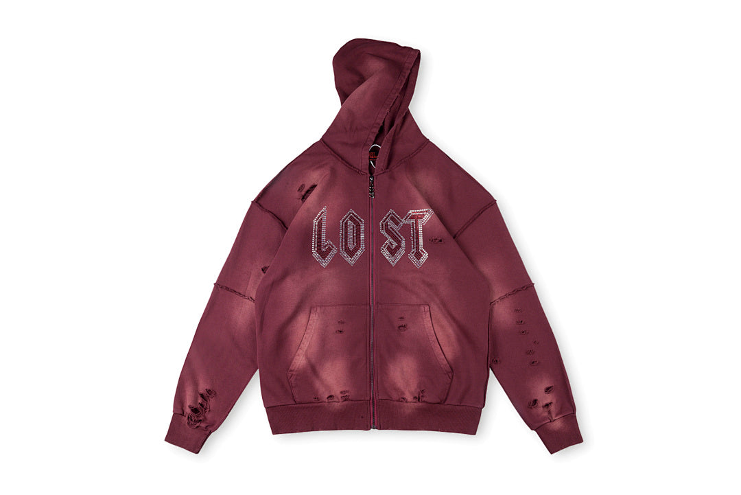Lost intricacy Hoodies 镶钻洗水破洞休闲拉链连帽卫衣 - view 10