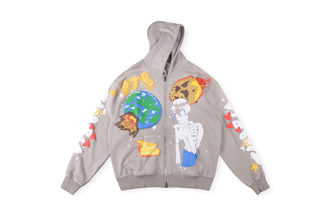 VERTABRAE COSNIC ZIP UP HOODIE地球骷髅陨石发泡印花连帽卫衣 - view 14