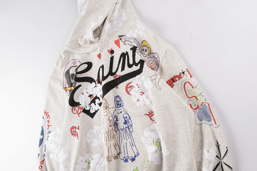 明星同款 Aged Graffiti Hoodie INS同款重工手绘涂鸦套头卫衣 - view 7