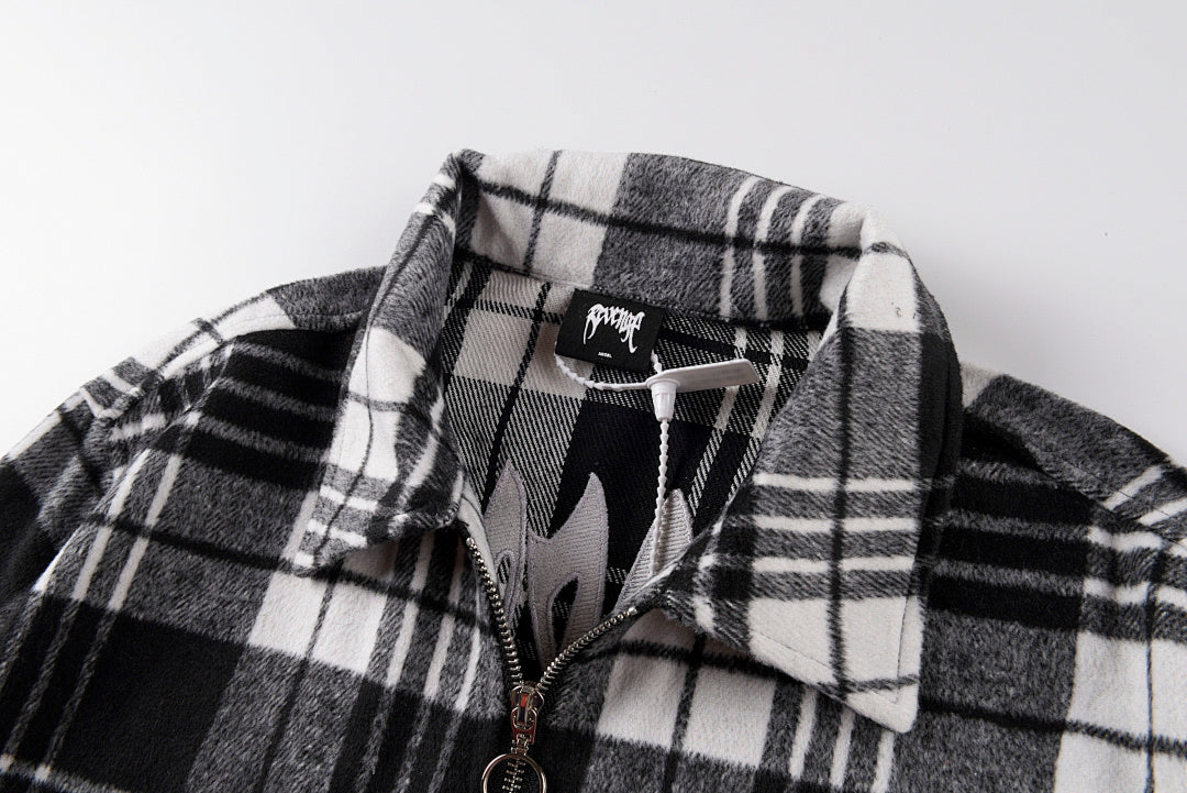 revenge embroidered flannel 格子图案宽松刺绣外套拉链衬衫 - view 4